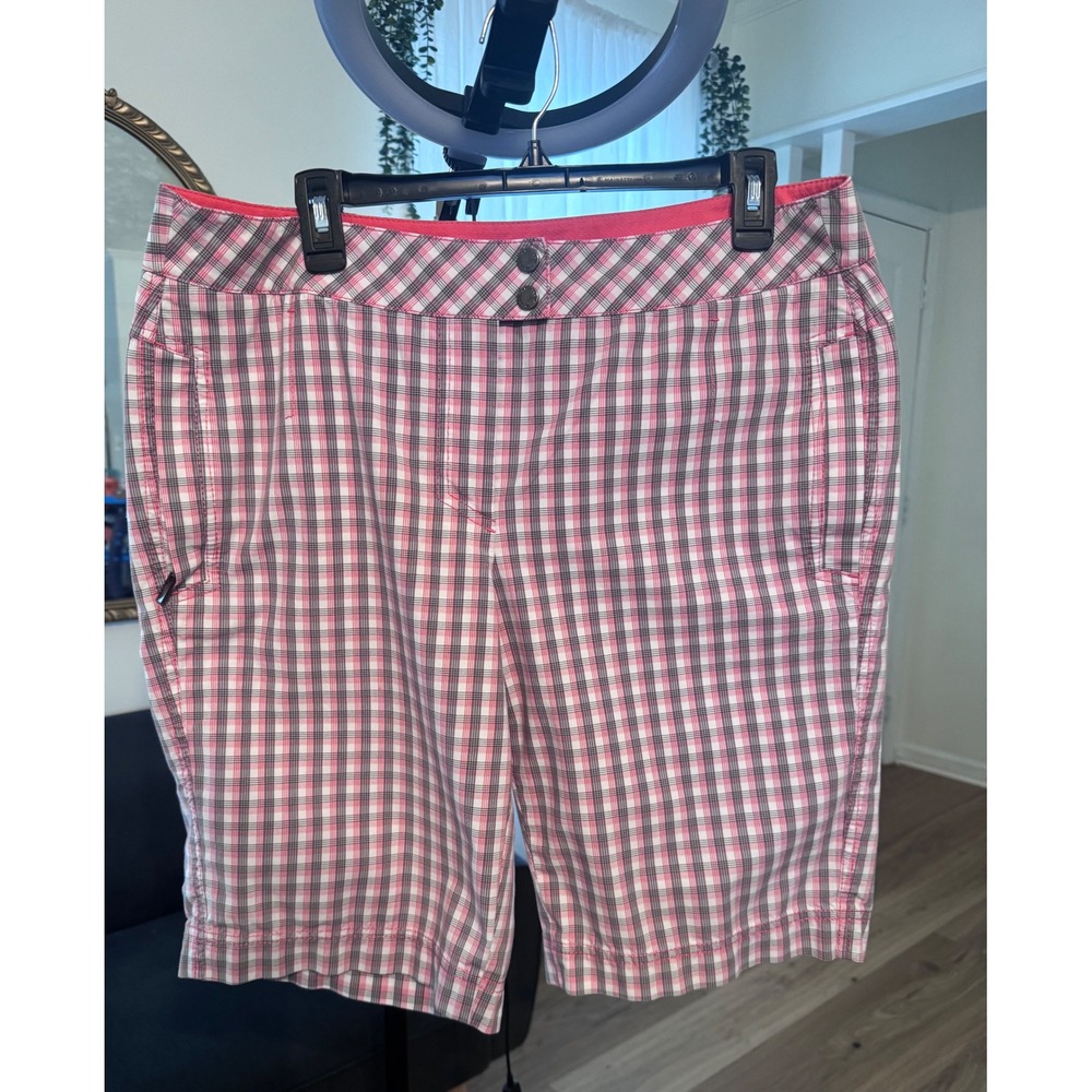 Annika Cutter & Buck Women 14 Pink Plaid Golf Shorts Zipper Pockets Performance